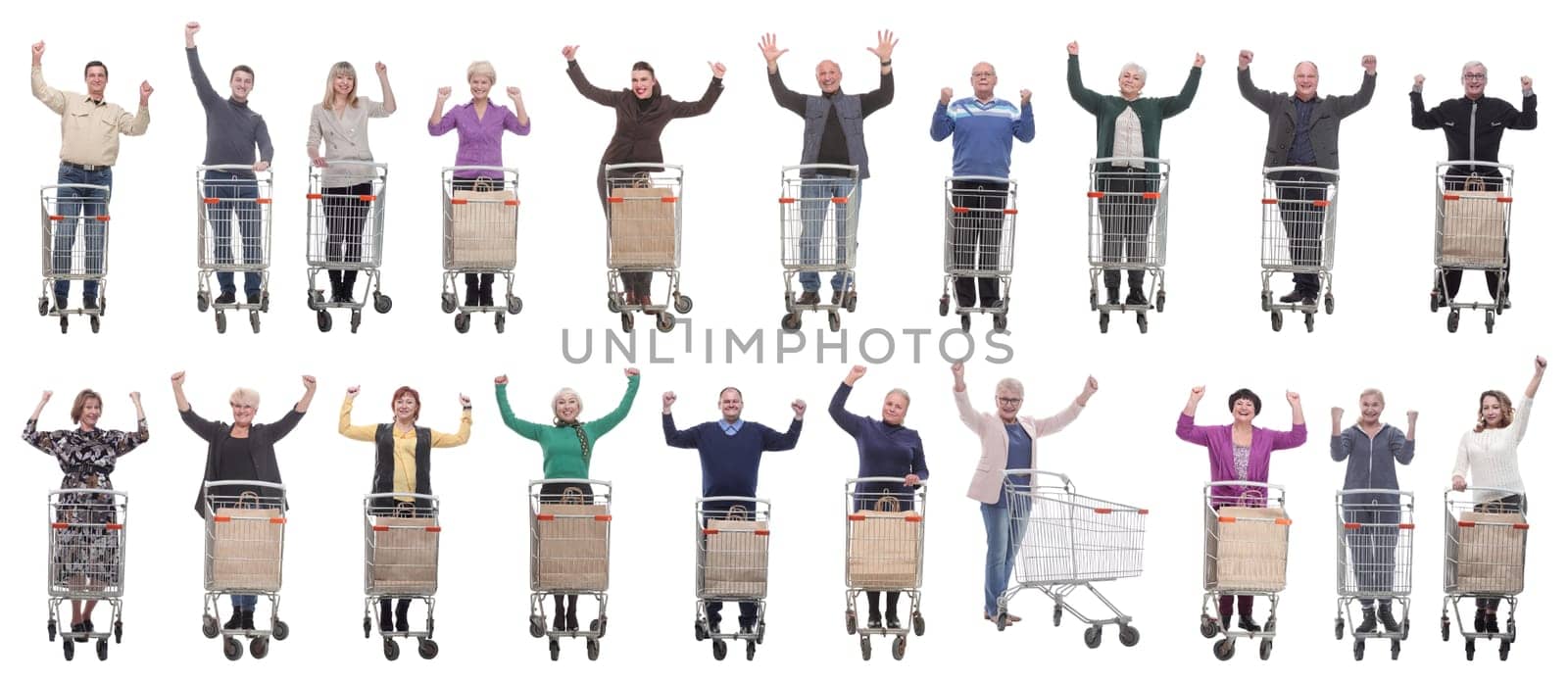 group of people with cart raised their hands up by asdf