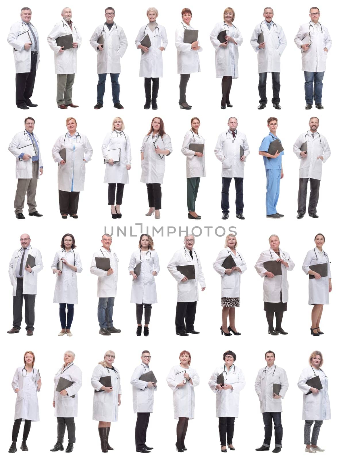 full length group of doctors with notepad isolated on white background