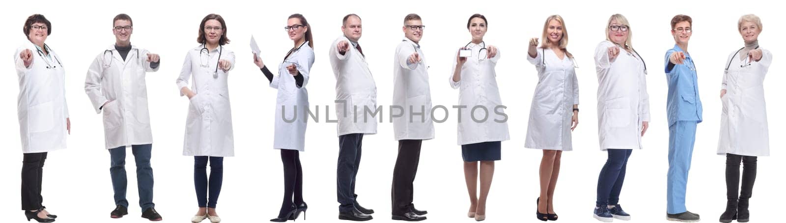 group of doctors in full length isolated on white background