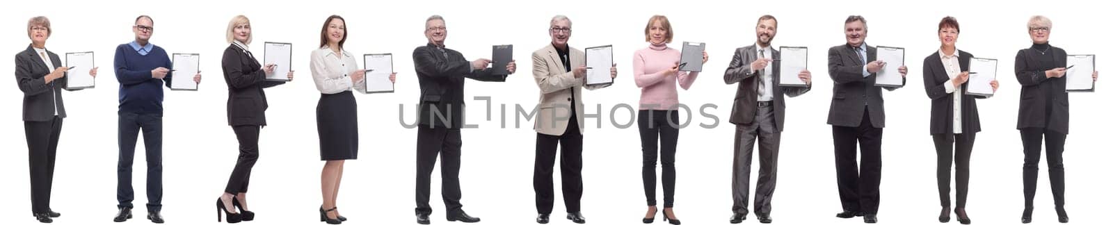 group of successful people with notepad in hands isolated on white background
