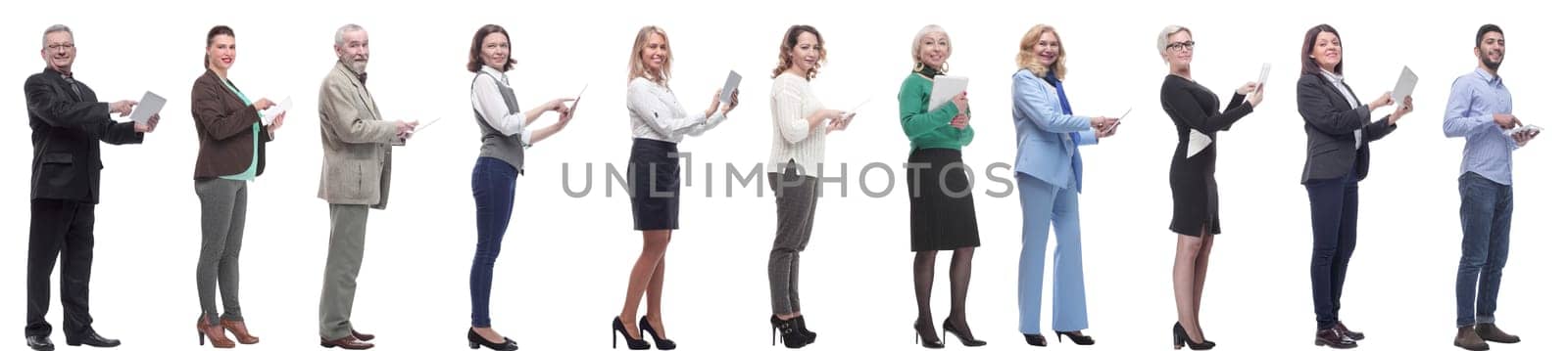 group of people demonstrating tablet looking at camera isolated on white background