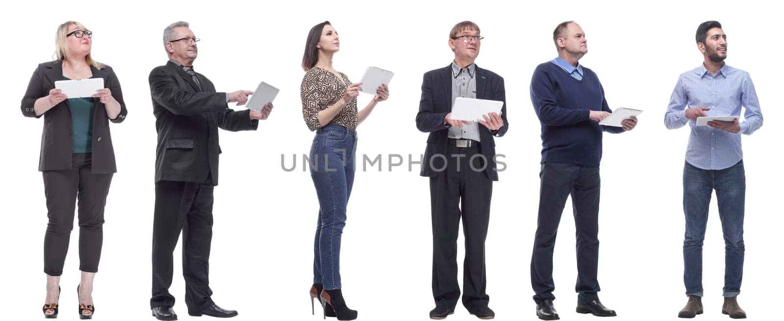 a group of people are holding a tablet and looking to the side isolated on a white background