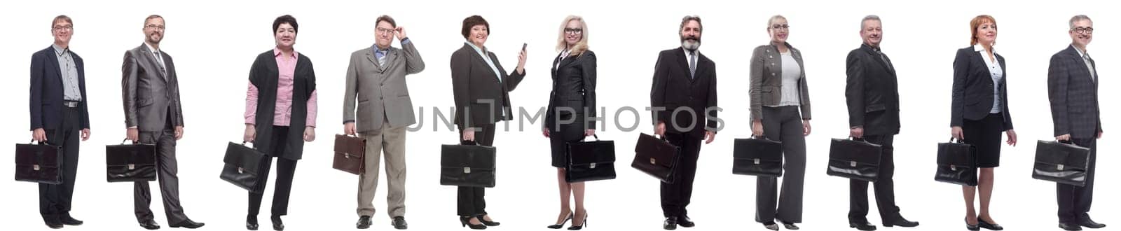 collage, group of businessmen with briefcase isolated on white background