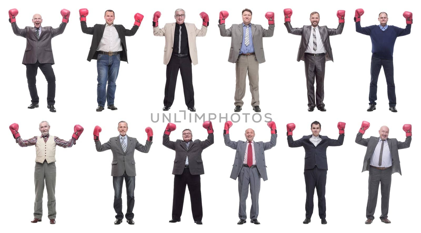 collage of businessmen in boxing gloves isolated on white background