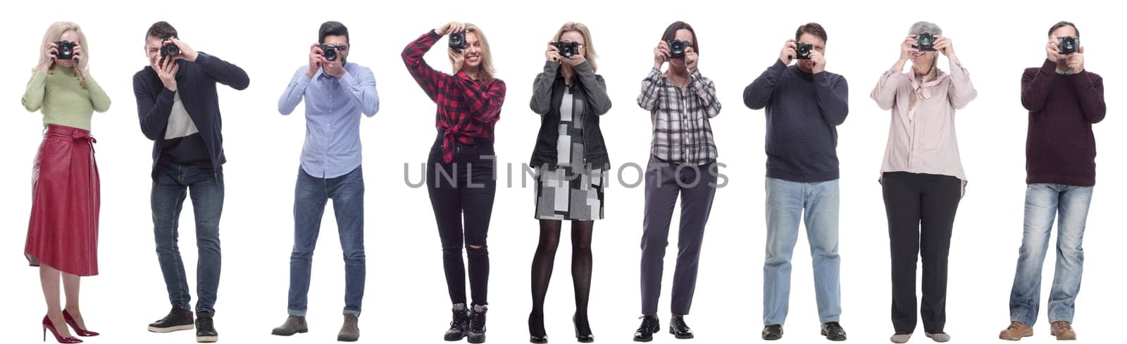 Many Double Twelve Group paparazzi photographers with cameras isolated on white collage
