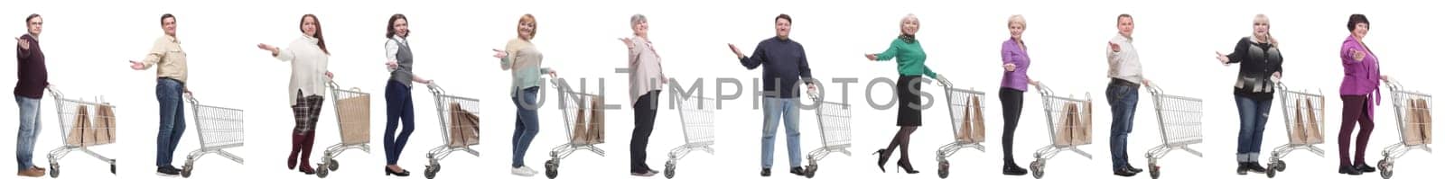 group of people with shopping cart on white background