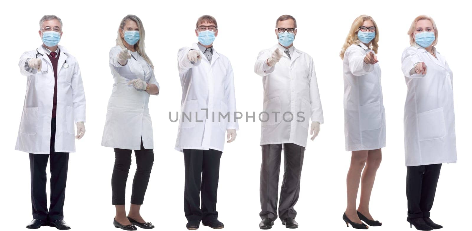 group of doctors in mask isolated on white background