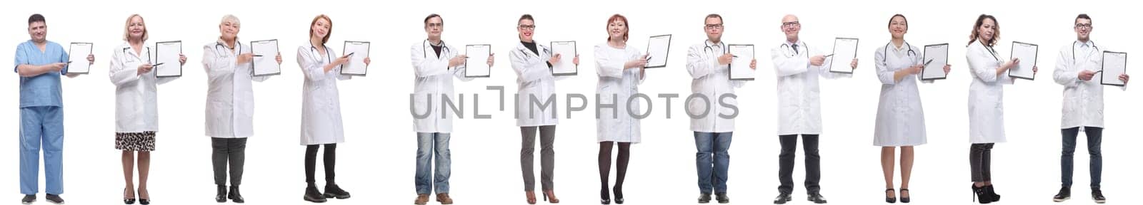 full length group of doctors with notepad isolated on white background