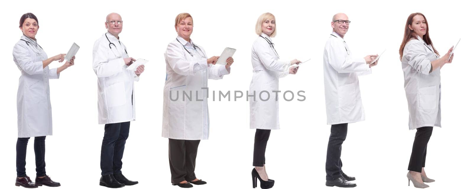 group of doctors with clipboard isolated on white background