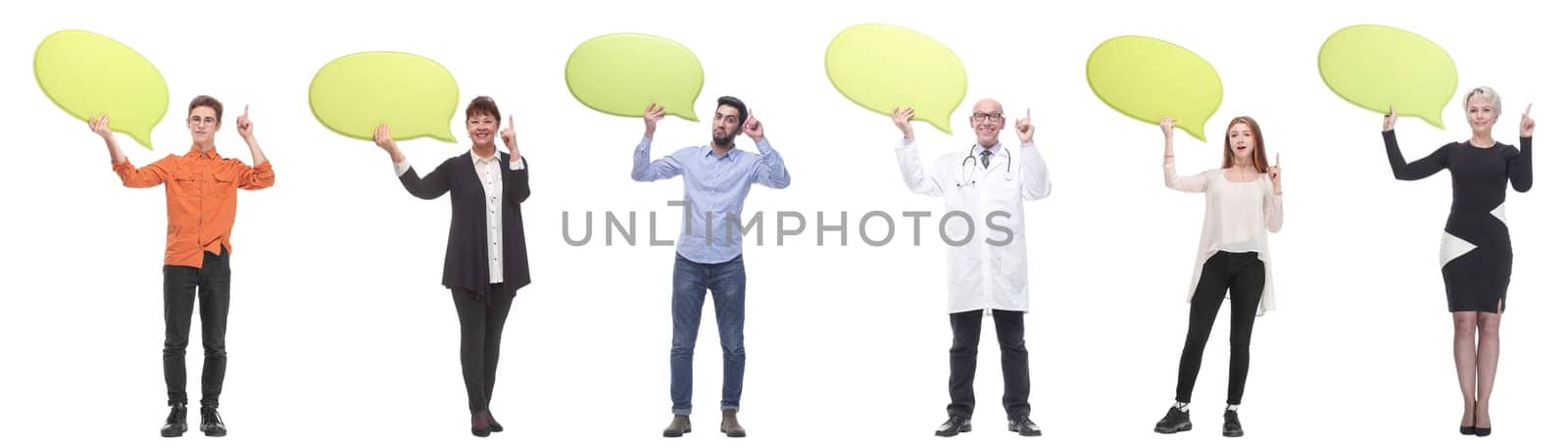 group of successful business people with comments isolated on white background