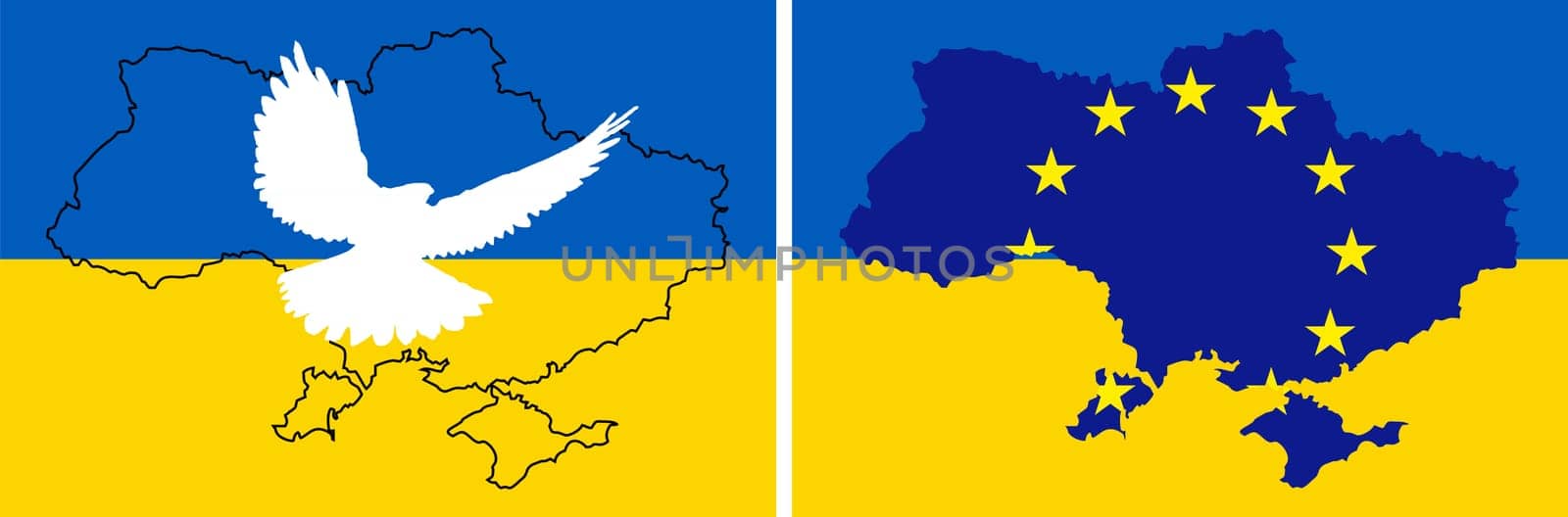 Graphic outline map of Ukraine on the background of the national colors of the flag of Ukraine. Outline of map of Ukraine with inscribed flag of the European Union. White dove.
