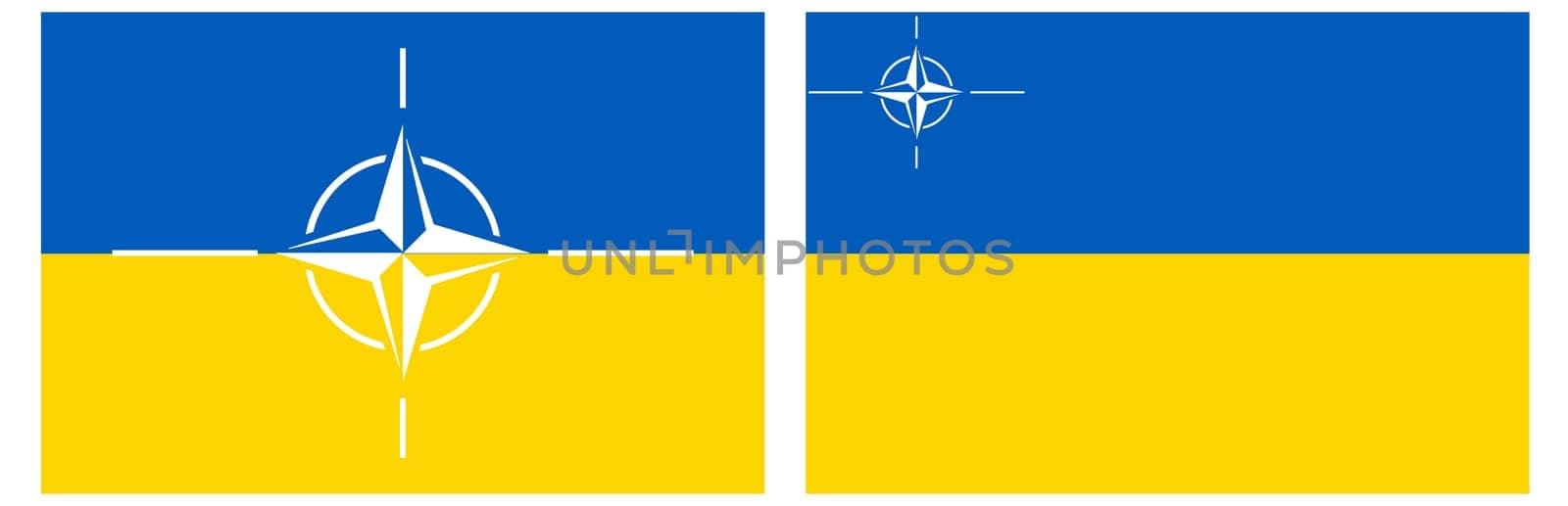 Flag in the national colors of Ukraine with the NATO graphic sign. A country in the east of Europe. Security organization.