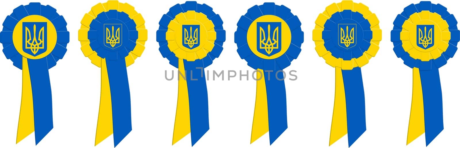 Graphic symbol in the form of kotylions made of ribbons with the coat of arms in the national colors of Ukraine inscribed in the center.