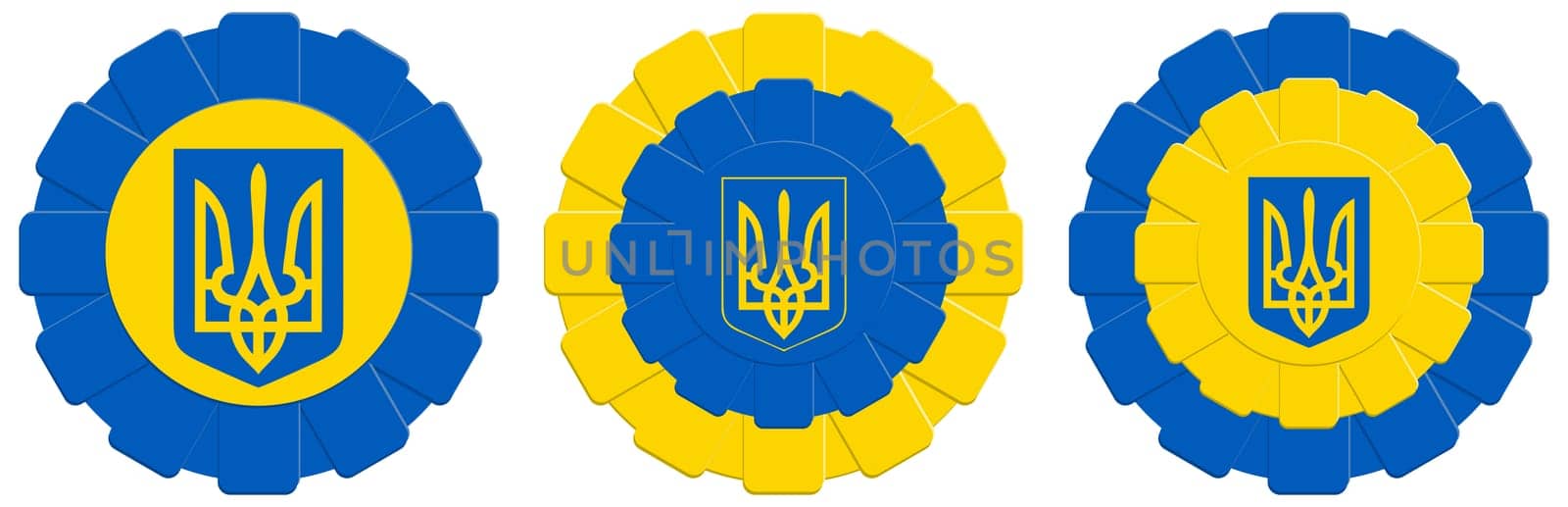 Graphic symbol in the form of kotylions made of ribbons with the coat of arms in the national colors of Ukraine inscribed in the center. A country in the east of Europe.