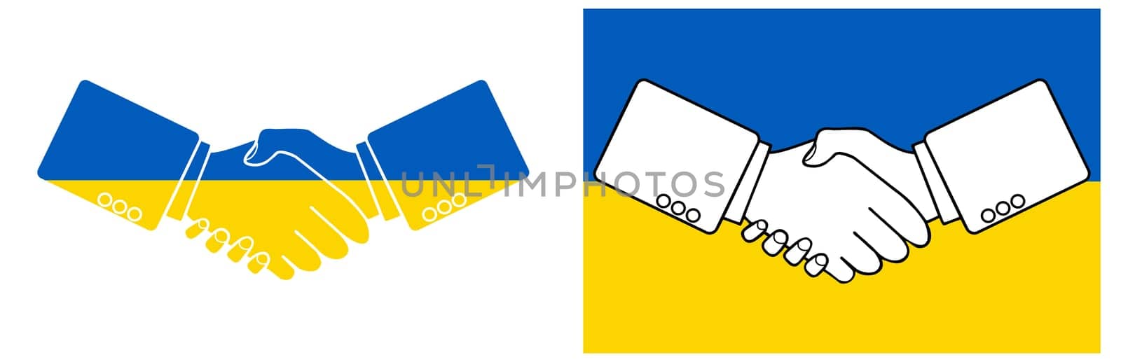 Graphic symbol of a handshake against the colors of the Ukrainian flag as a sign of reconciliation. A country in eastern Europe.