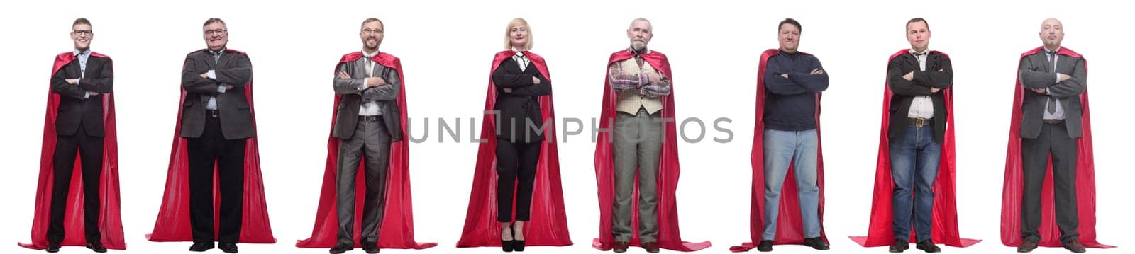 group of people in red raincoat isolated on white background