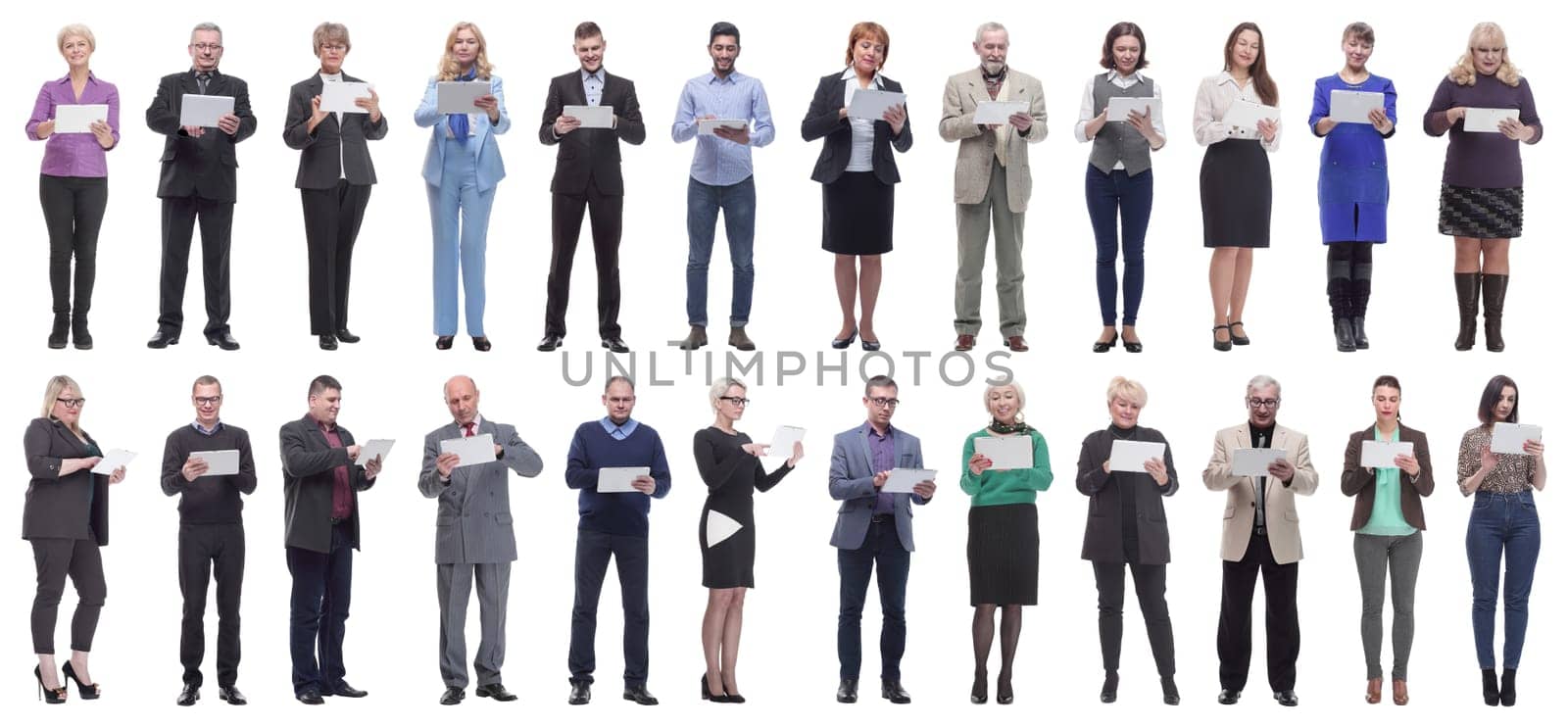 group of people holding tablet and looking into it isolated on white background