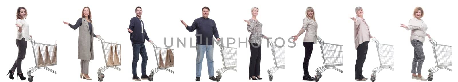 group of people with shopping cart on white background