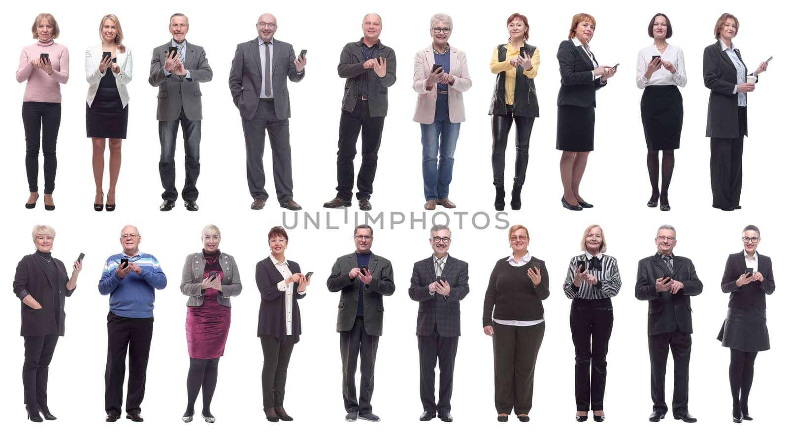 group of people holding phone in hand and looking at camera isolated on white background