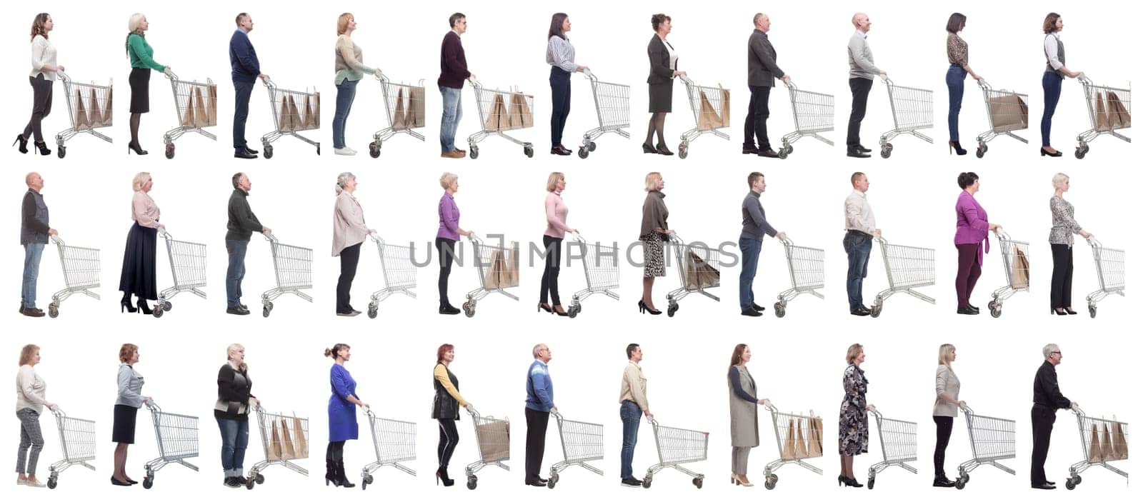 group of people with cart looking ahead isolated on white background