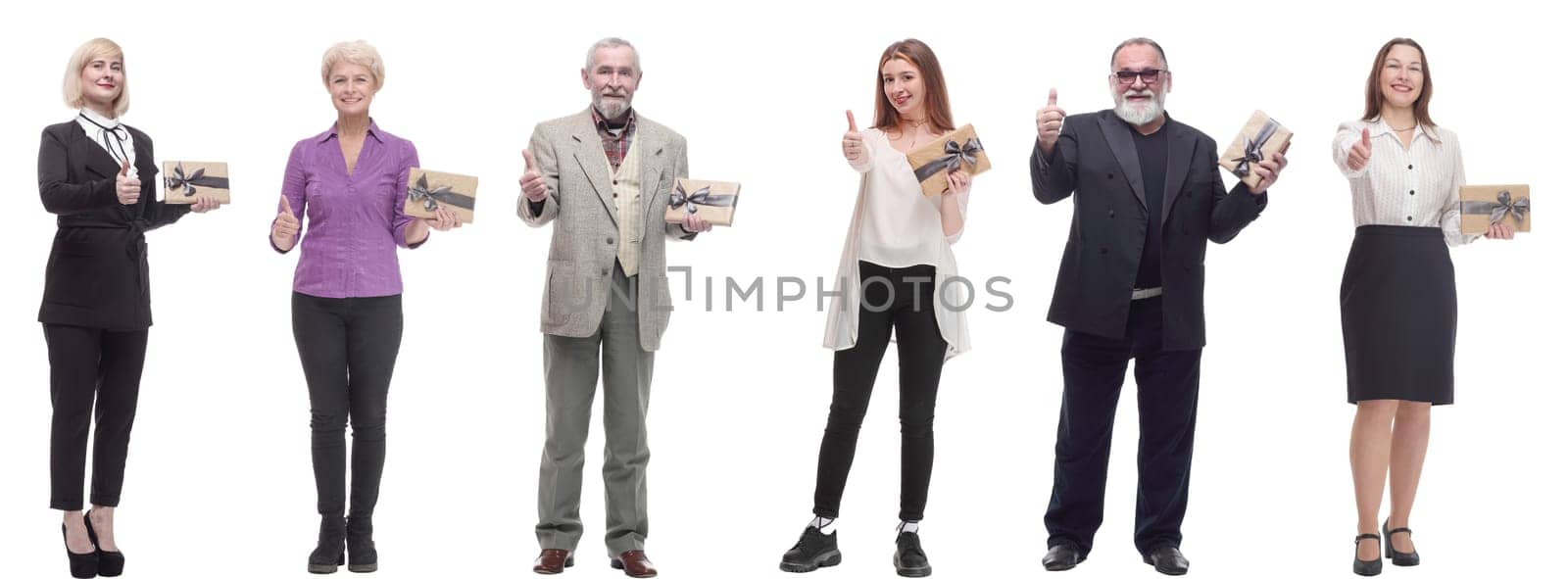 group of happy people with gifts in their hands isolated on white background
