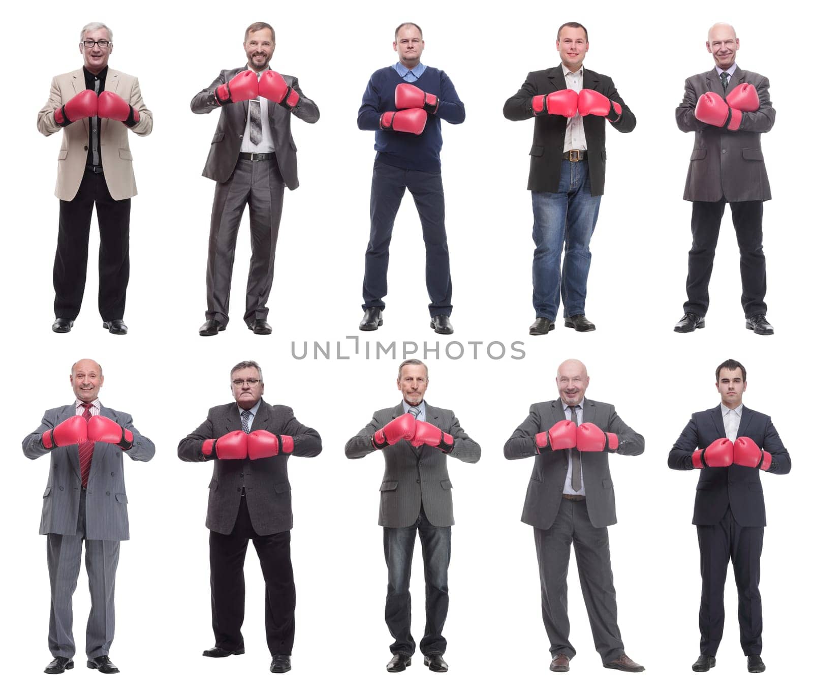 collage of businessmen in boxing gloves isolated on white background