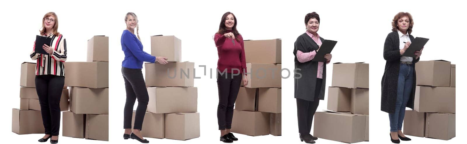 Collage of people lifting heavy cardboard box isolated by asdf