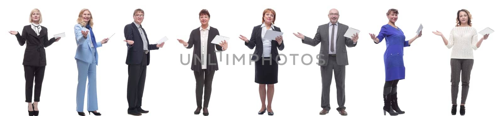 group of people holding tablet with outstretched hand isolated on white background