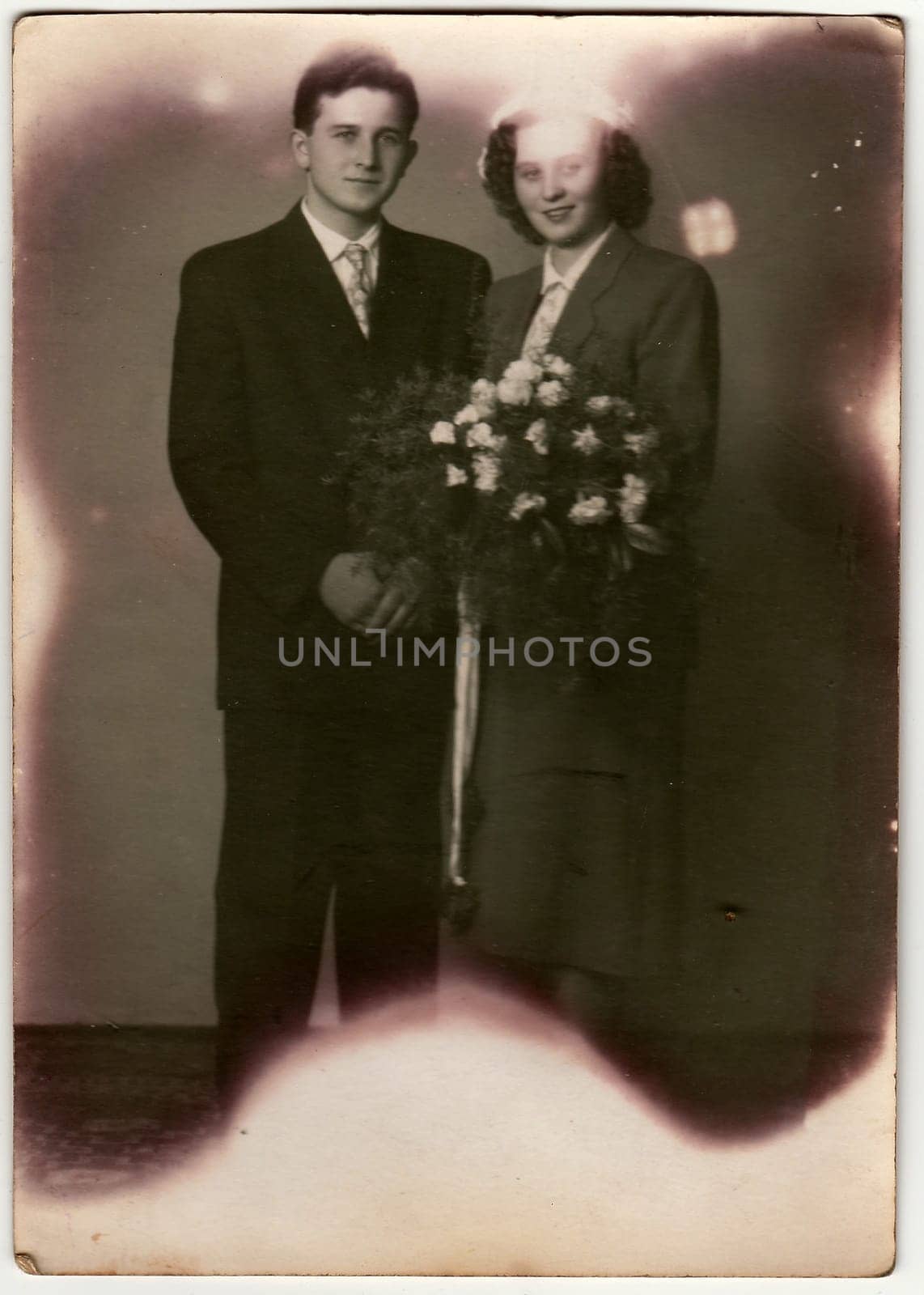 THE CZECHOSLOVAK SOCIALIST REPUBLIC - CIRCA 1960s: Vintage photo of newlyweds. Photo has error obtained during photo process.