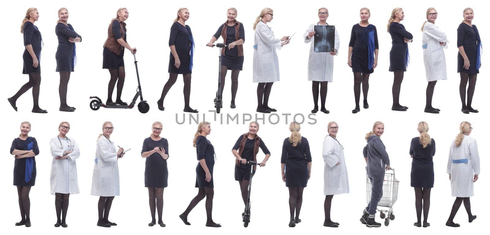collage of a woman in full growth displaying many professions by asdf