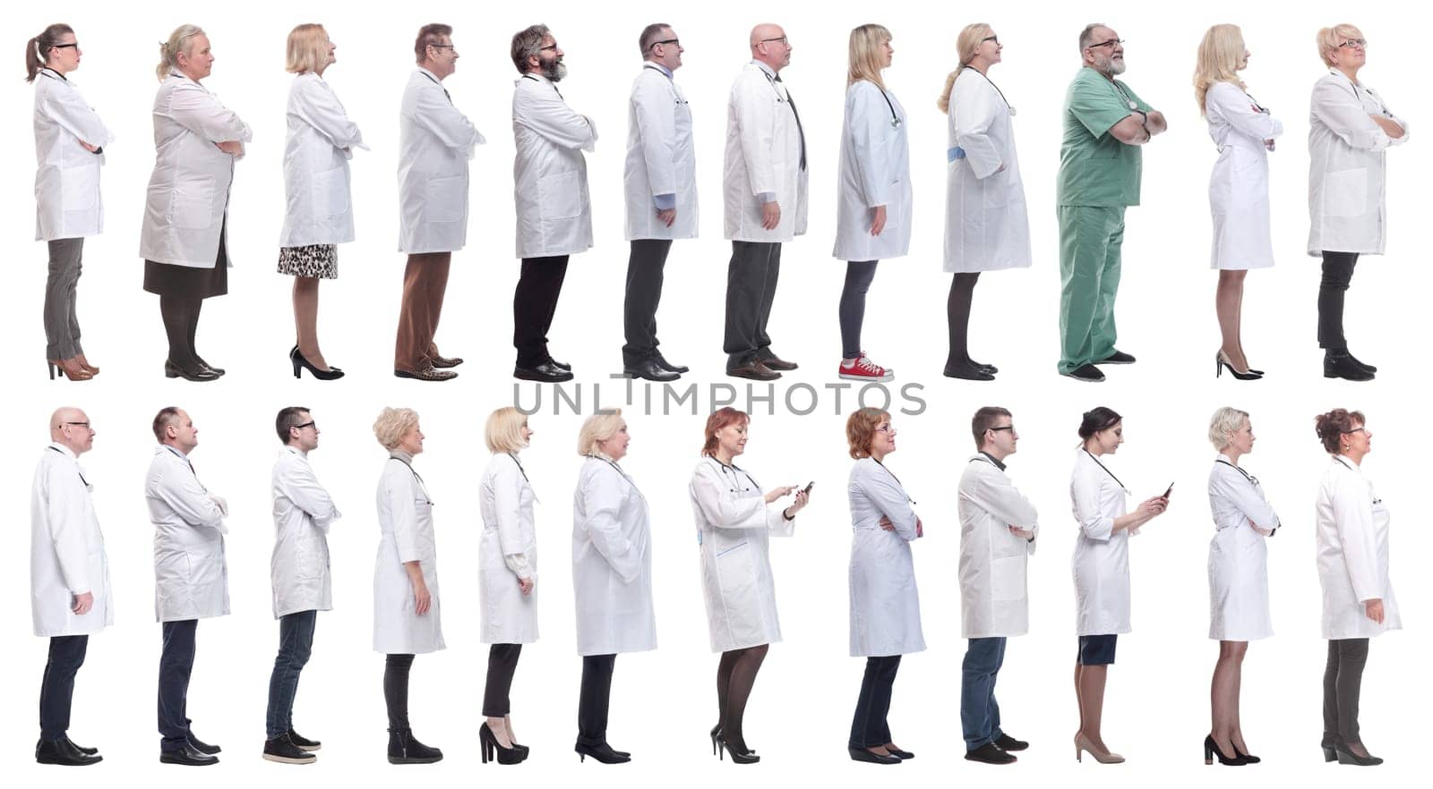 group of doctors in profile isolated on white background
