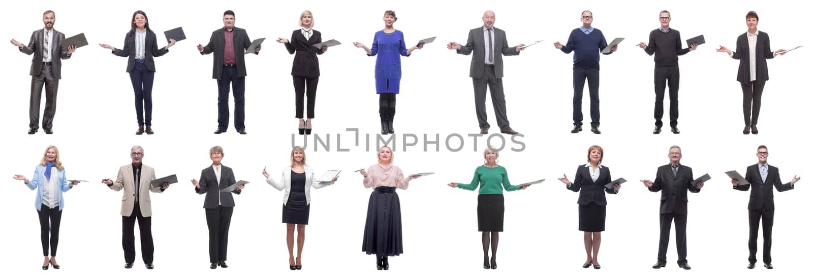 group of successful people with notepad in hands isolated on white background