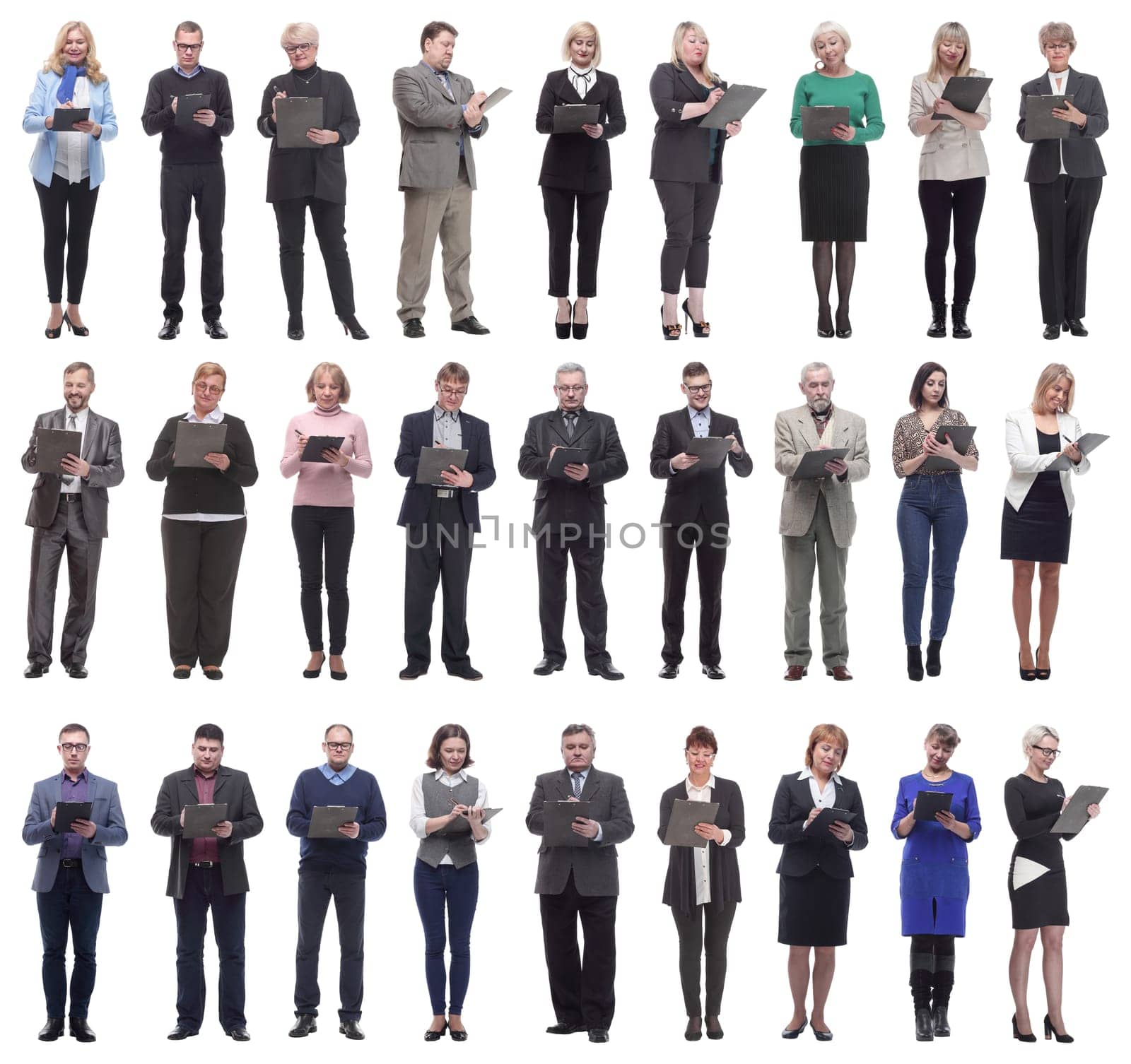 group of successful people with notepad in hands isolated on white background