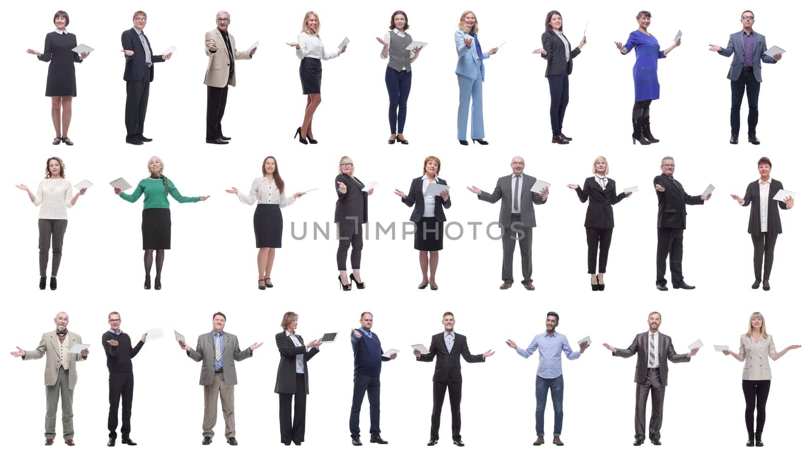 group of people holding tablet with outstretched hand isolated on white background