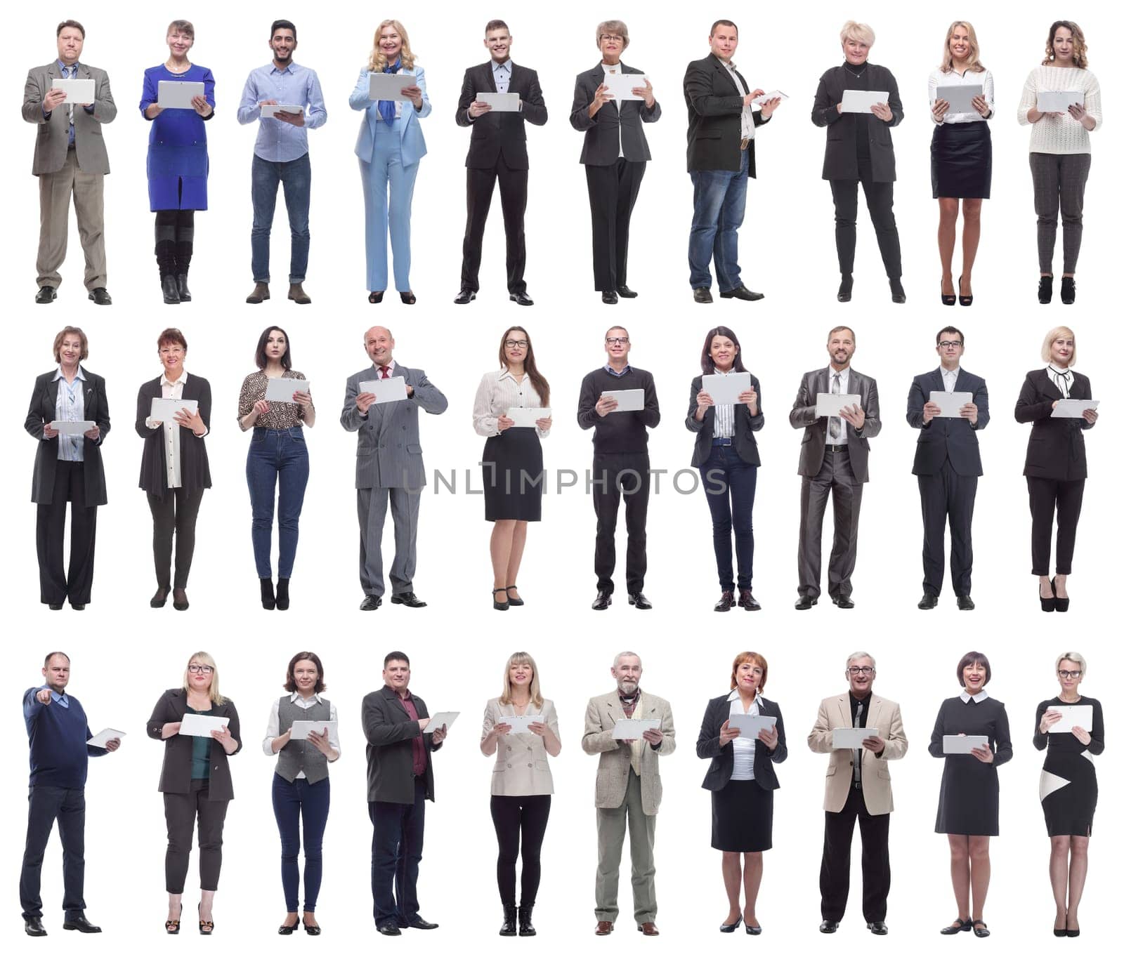 group of people demonstrating tablet looking at camera isolated on white background