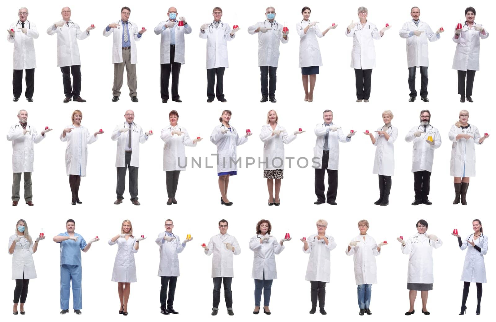 laboratory assistant holding a flask with liquid isolated on white background