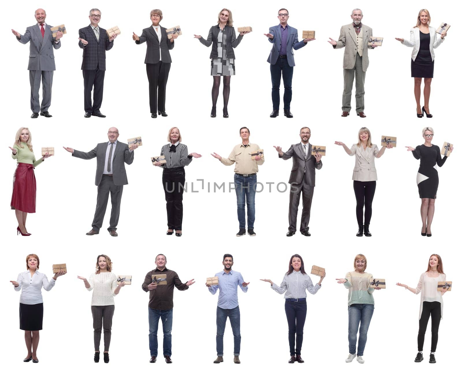 group of happy people with gifts in their hands isolated on white background