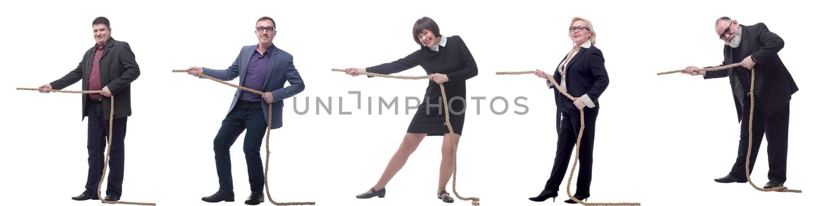 Business people pulling rope isolated on white background