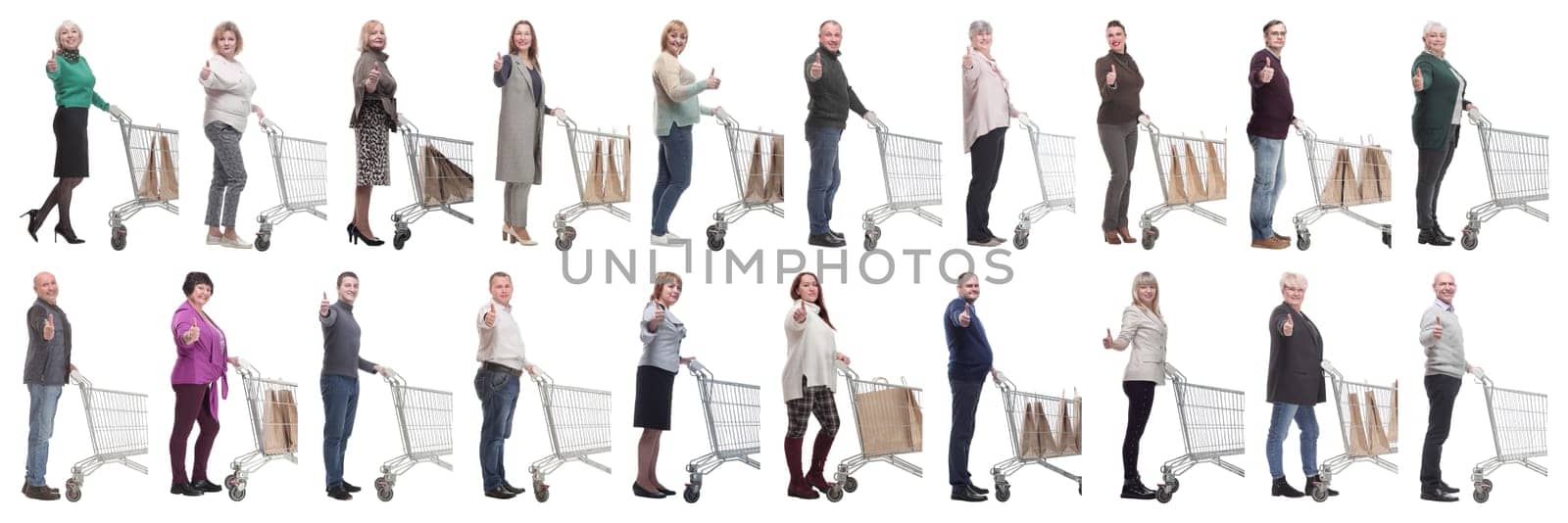 a group of people in profile with a basket showing thumbs up on a white background