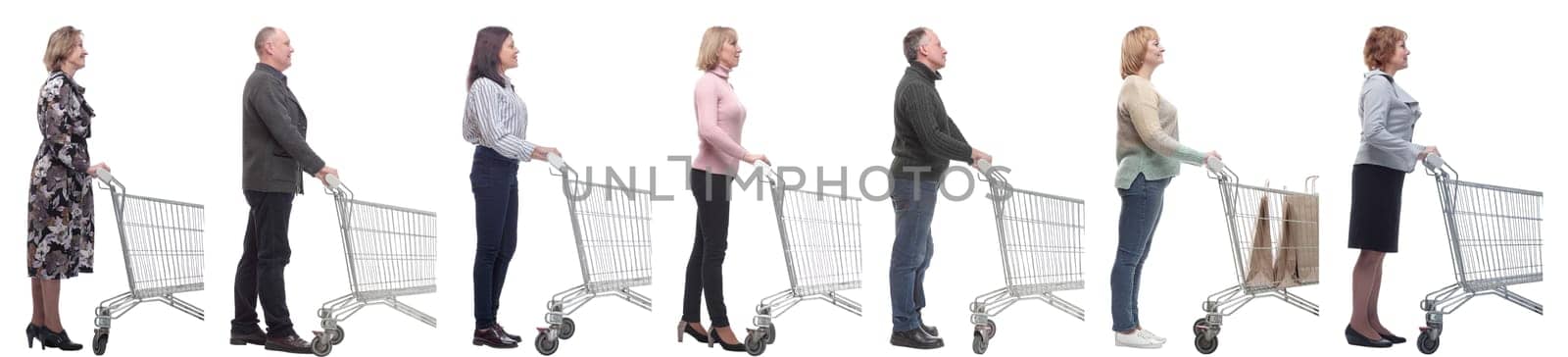 group of people with cart looking ahead isolated on white background
