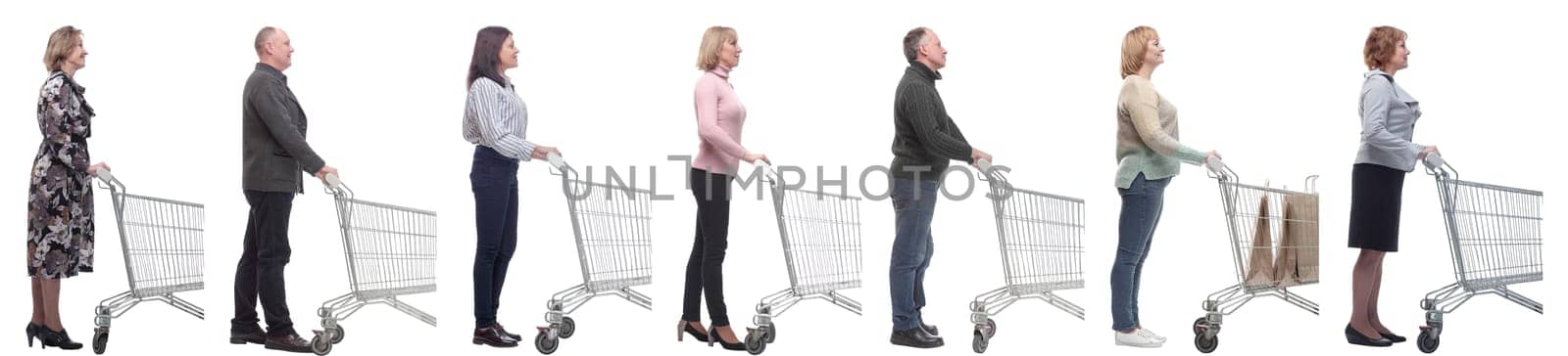 group of people with cart looking ahead isolated on white background