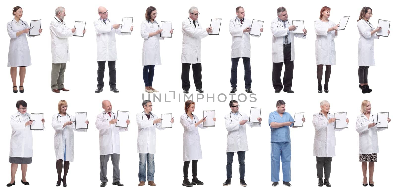 full length group of doctors with notepad isolated on white background