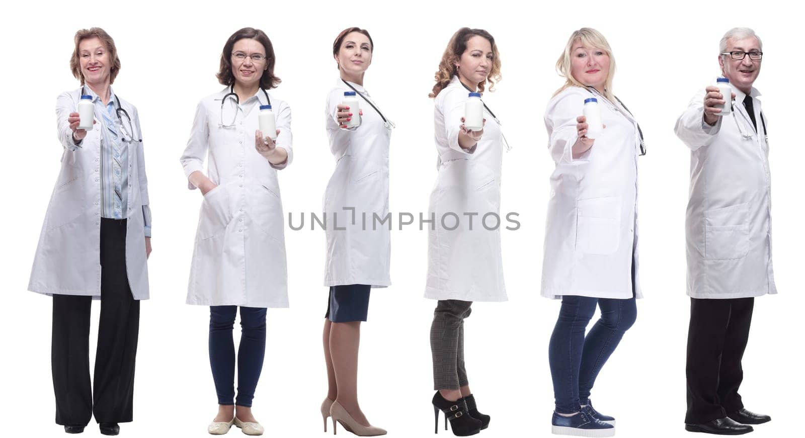 group of doctors holding jar isolated on white background