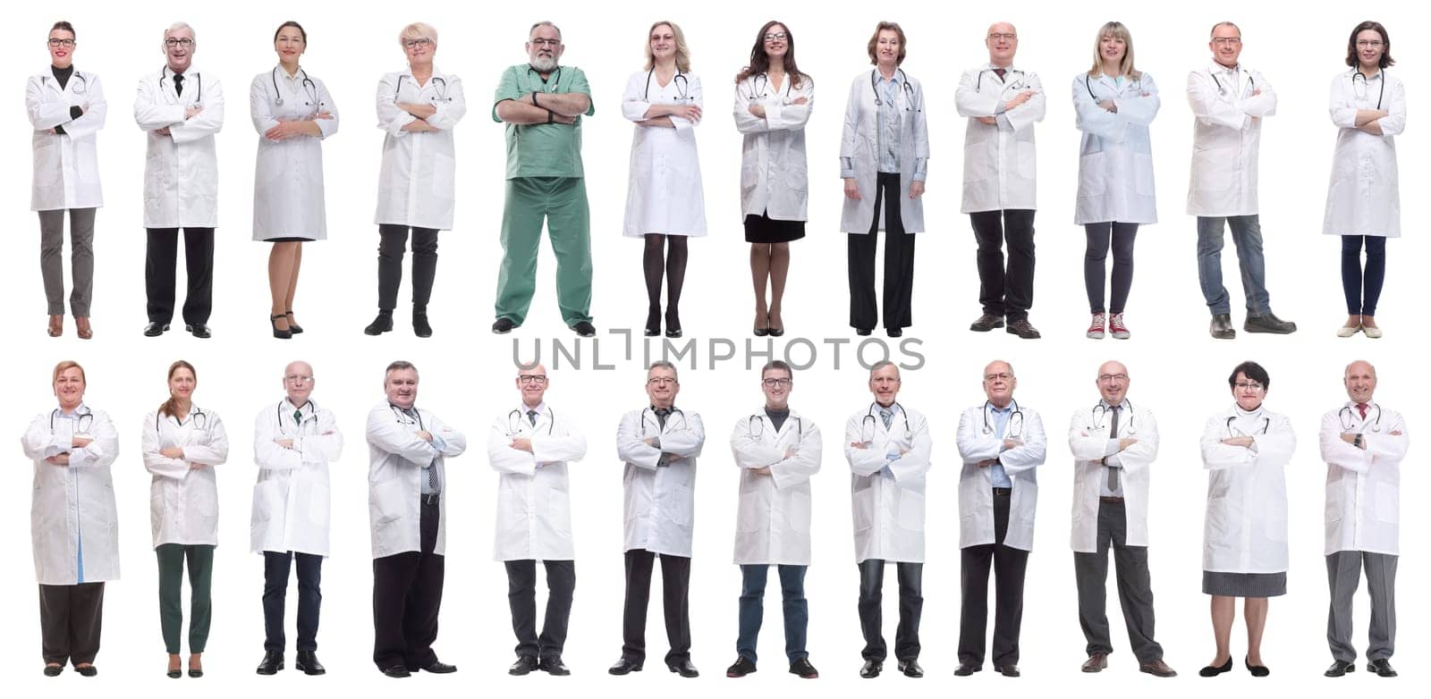 group of doctors in full length isolated on white background