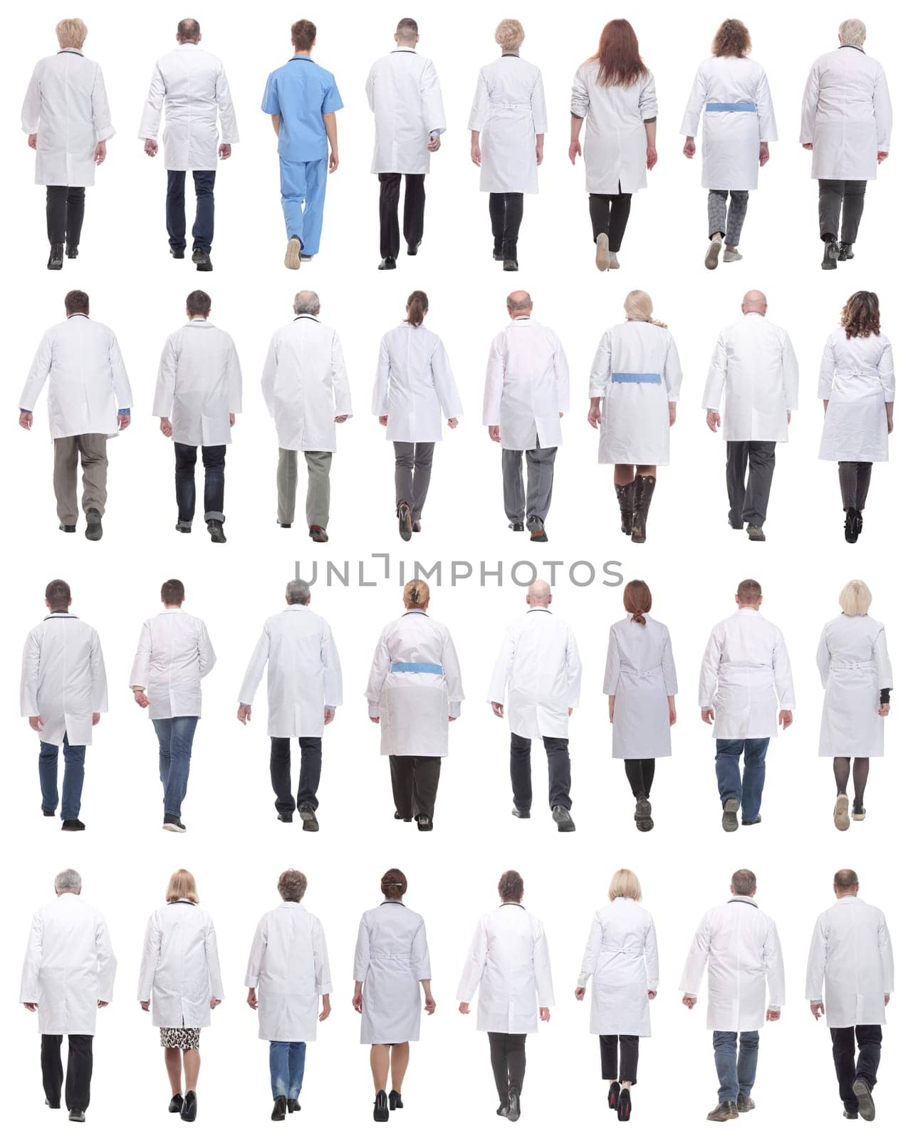 group of doctors in motion isolated on white background