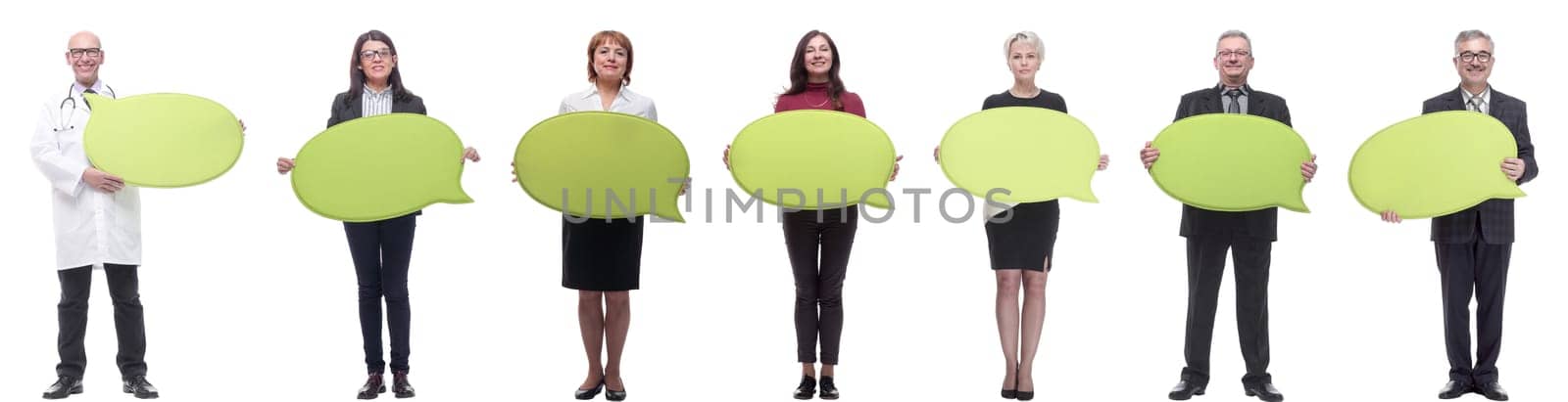 group of successful business people with comments isolated on white background
