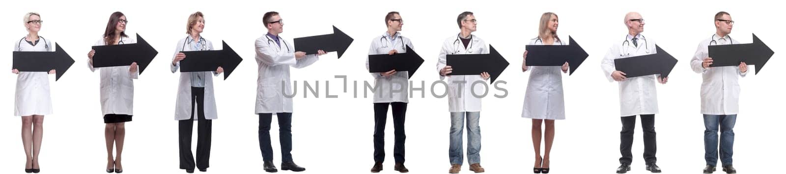 group of successful business people with black arrow isolated on white background