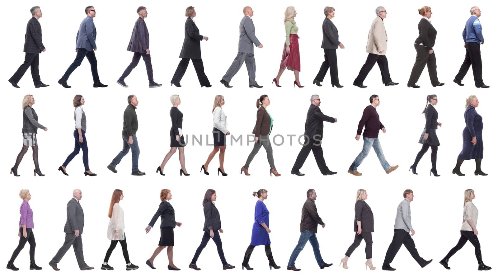 group of successful business people in motion isolated on white background