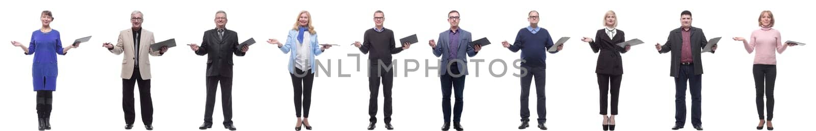 group of successful people with notepad in hands isolated on white background