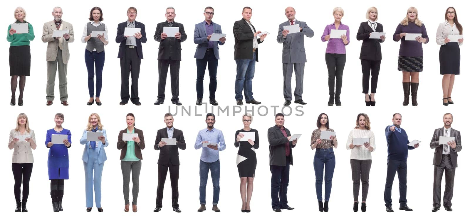 group of people demonstrating tablet looking at camera isolated on white background